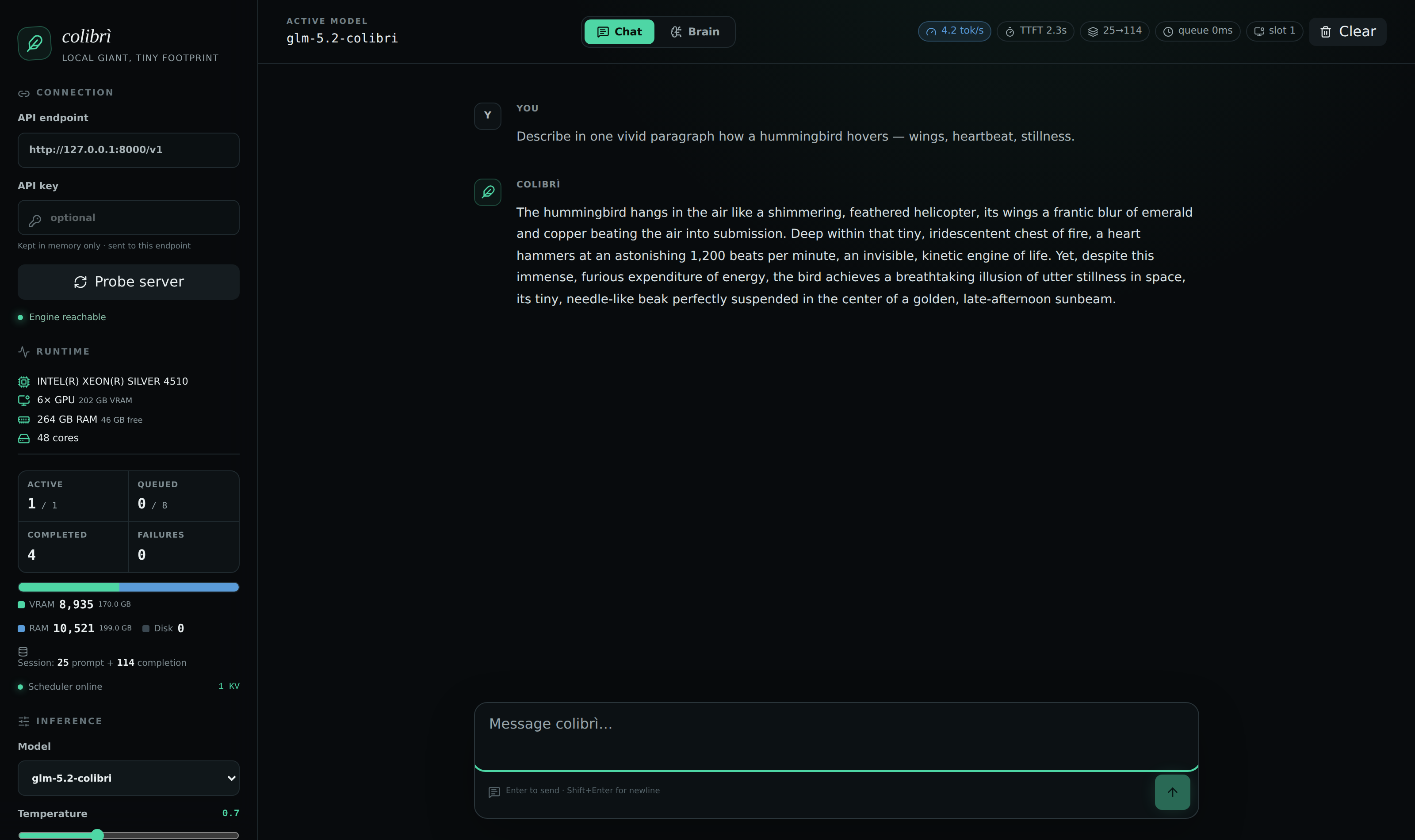 Colibrì local inference dashboard